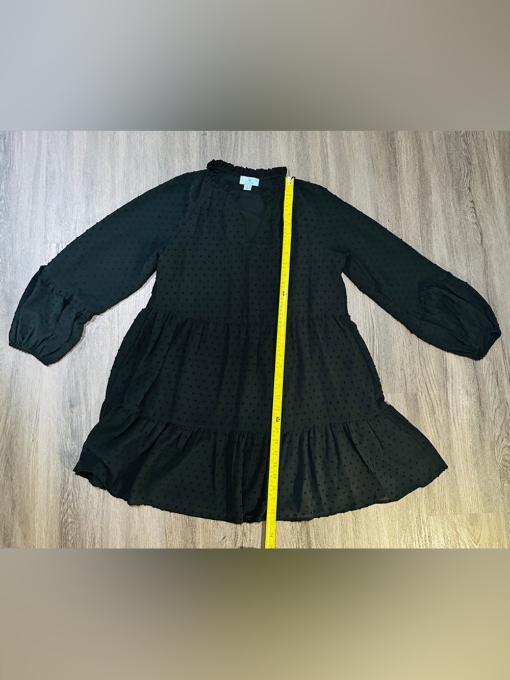 CeCe Black Swiss Dot Ruffle Tiered Mini Dress Size M Boho Long Sleeve Flowy - Picture 5 of 10